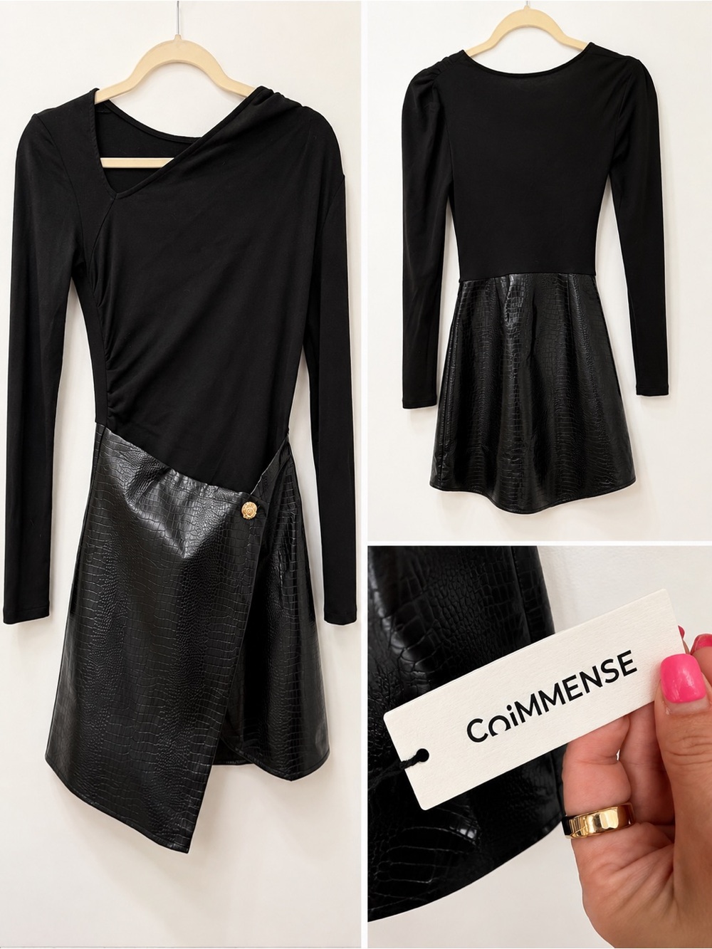 Commense Black Asymmetrical Faux Leather-Croc Wrap Dress